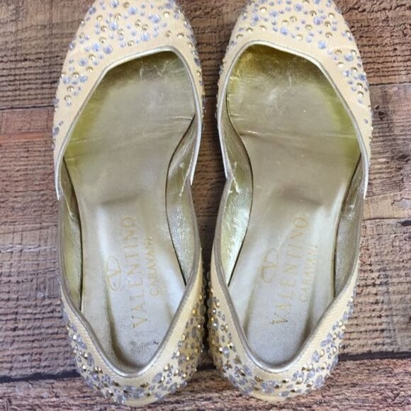 Valentino Garavani Ballet Flats Womens 38 Gold Canvas Crystals Slip On Shoes - Picture 9 of 13